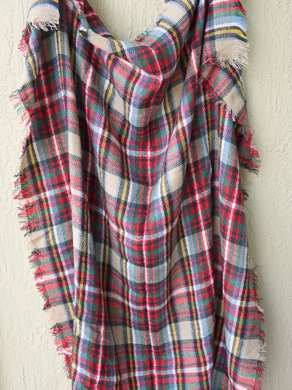 Cozy Plaid Fringe Square Blanket Scarf - Red, Green, Cream